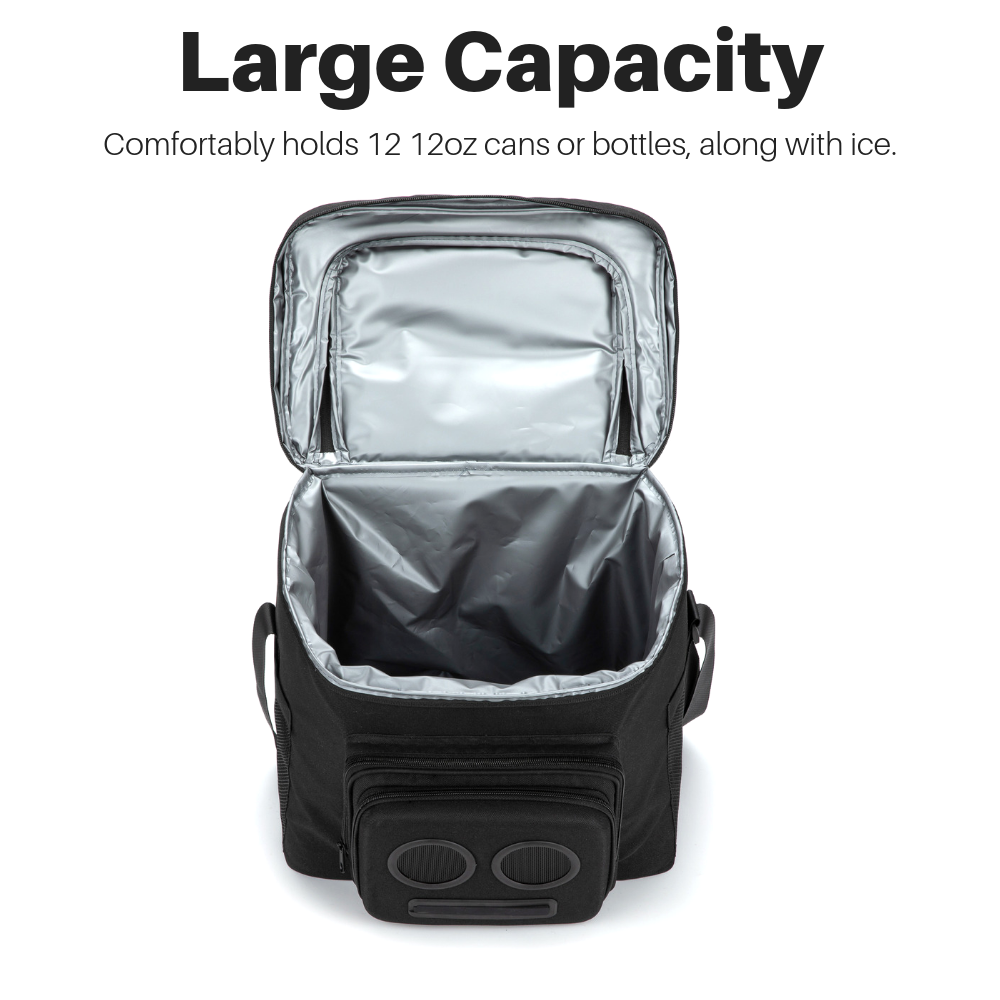 Black Cooler with bluetooth speakers comfortably holds 12 12oz cans or bottles, along with ice 