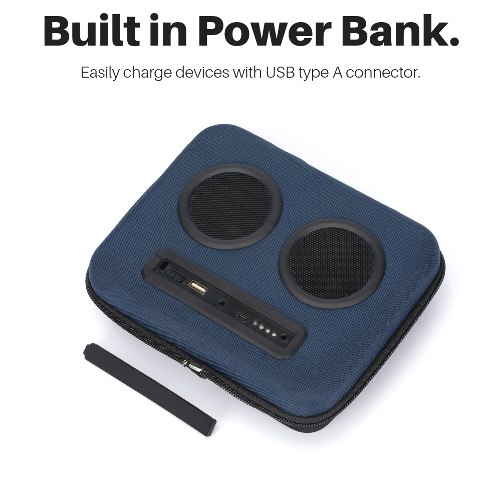 Blue Backpack bluetooth speaker has a built in power bank