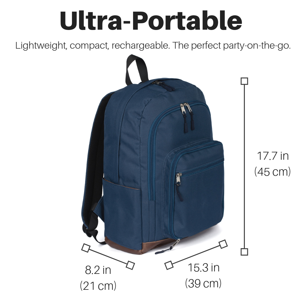 Blue Backpack with bluetooth speakers ultra portable, lightweight and compact 