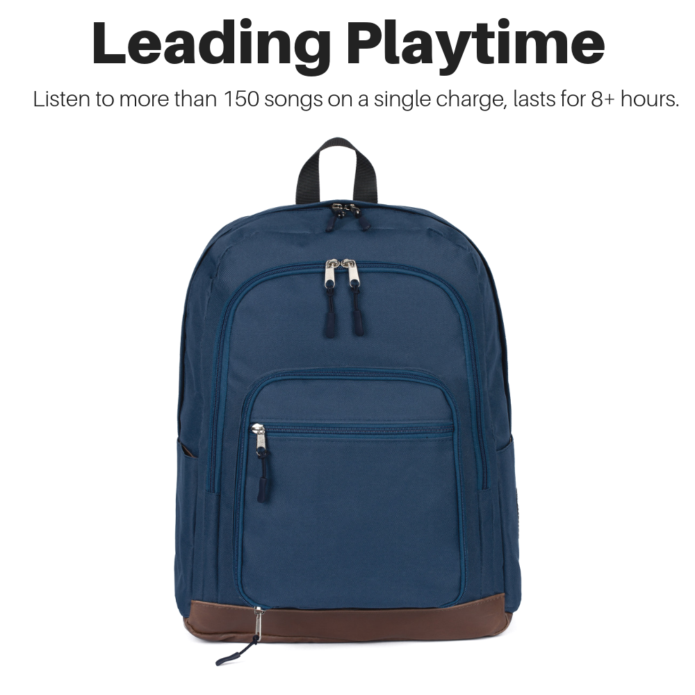 Blue Backpack with bluetooth speakers charge lasts for more than 8 hours 