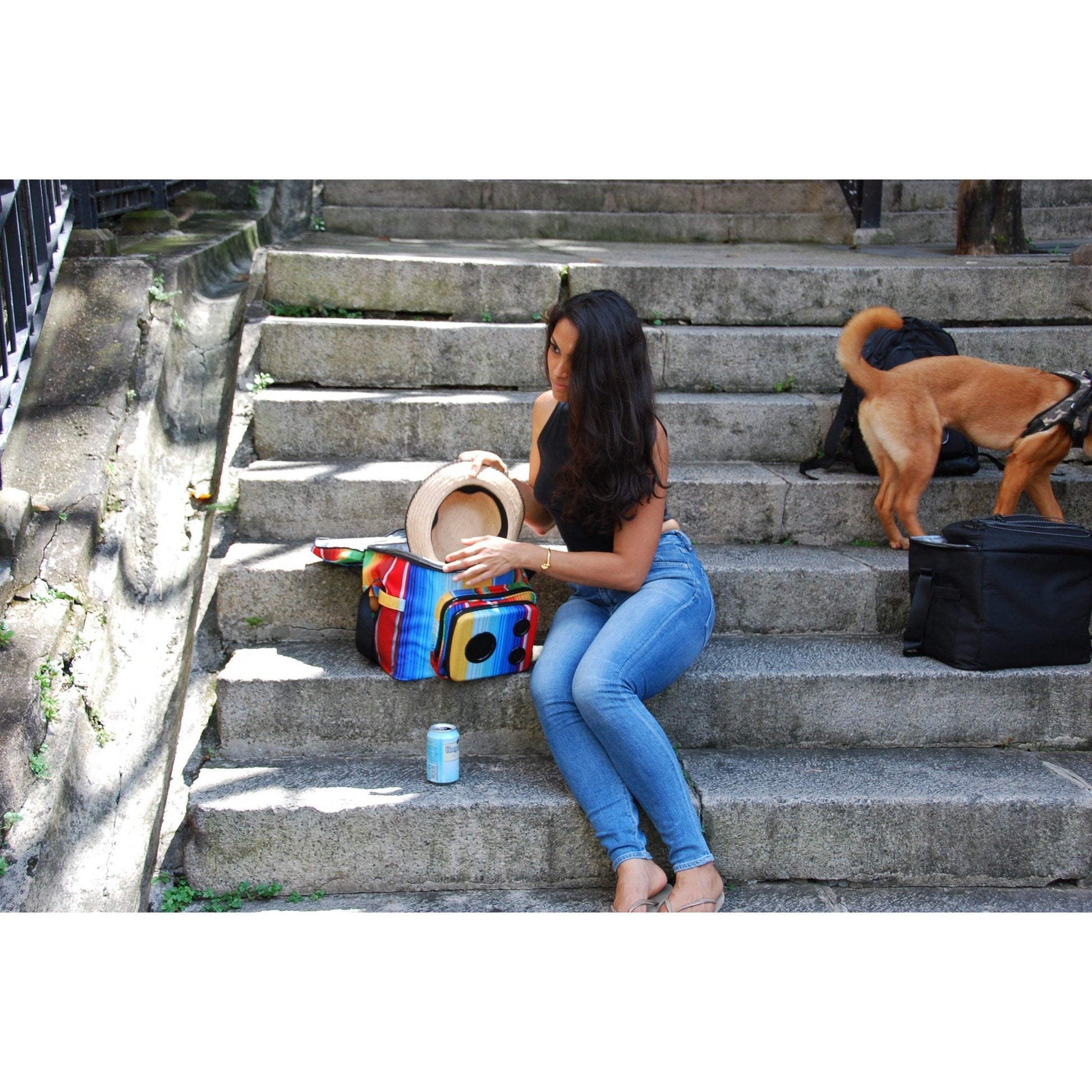 Girl on stairs with bluetooth Rainbow and black Cooler With Speakers 