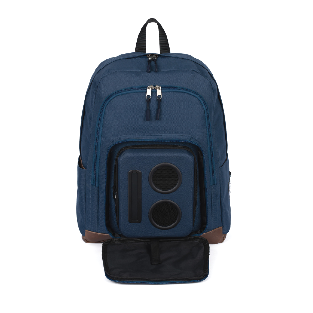 Blue Backpack with bluetooth speakers